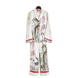 Autre Marque Completo Pyjama in Seta For Restless Sleepers - Stampa Tigre Ecru