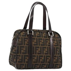FENDI Zucca Canvas Hand Bag Black Brown Auth 191295