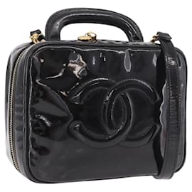 CHANEL Vanity Cosmetic Pouch Patent 2way Black Gold CC Auth BA14000A