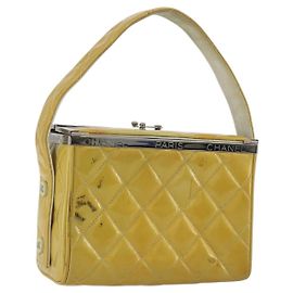 CHANEL Vanity Hand Bag Patent Leather Yellow Silver CC Auth 190628