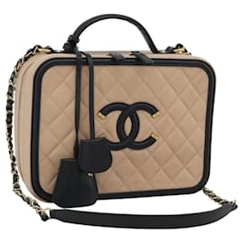 Borsa Vanity CHANEL CC Filigree in Pelle Caviar 2way Beige Gold CC Autentica mr2542M