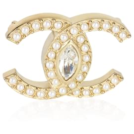 Spilla CC Chanel placcata in oro con perle finte e strass 2021