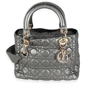 Christian Dior Metallic Silver Supple Cannage Leather Medium Lady Dior Tote