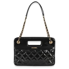 Borsa shopping Chanel Black Quilted Patent Graphic Catch piccola