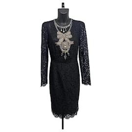 FW12 Dolce & Gabbana Black Lace Midi Dress with Crystal Bow Embroidery – Size 46