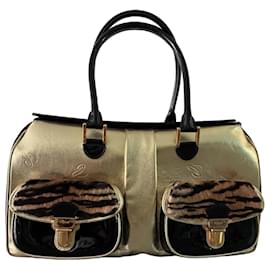 Chopard Leder Handtasche Gold und Schwarz mit Leoparden-Details