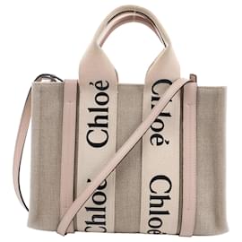 Borsa 2Way in tela e pelle Chloé Woody Small Beige x Pink