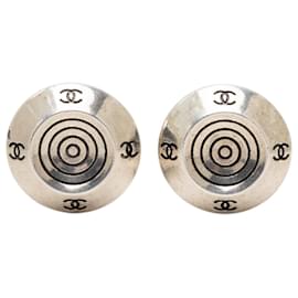 Chanel Silver CC Brass Target Round Clip On Earrings Ohrringe