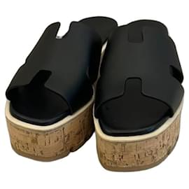Sandali con zeppa in pelle nera Oran - Hermès