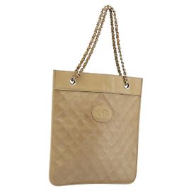 CHANEL Matelasse Chain Shoulder Bag Lamb Skin Beige Gold CC Auth 190888