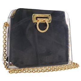 Borsa a tracolla Salvatore Ferragamo Gancini con catena, plastica trasparente, oro, autentica 191682A