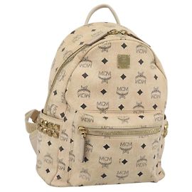 MCM Vicetos Logogram Rucksack PVC Beige Gold Auth gh2219
