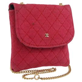 CHANEL Chain Pouch Cotton Pink Gold CC Auth mr2713