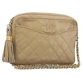 CHANEL Matelasse Chain Shoulder Bag Lamb Skin Beige Gold CC Auth 191285