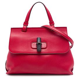 Sac satchel Gucci Red Small Calfskin Bamboo Daily