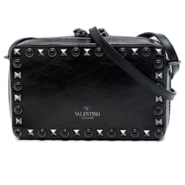 Bolso de cámara Valentino Black Textured Leather Rolling Rockstud