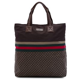 Bolso tote de nailon web con detalles de diamantes marrón Gucci