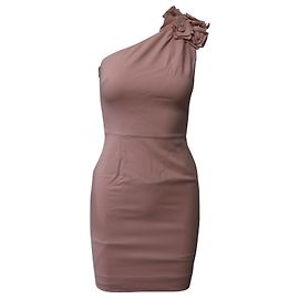 Autre Marque Valentino One Shoulder Midi-Kleid mit Rosenverzierungen aus hellrosa Wolle