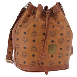 Bolsa de cordão MCM Vicetos Logogram PVC Leather Brown Gold Auth 186663