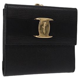 Salvatore Ferragamo Vala Long Wallet Leder Schwarz Gold Auth 188659A