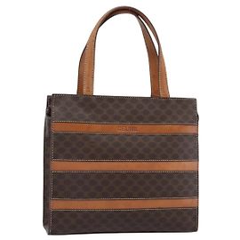 Céline Bolso CELINE Macadam Canvas PVC Cuero Marrón Oro Auth mr2781