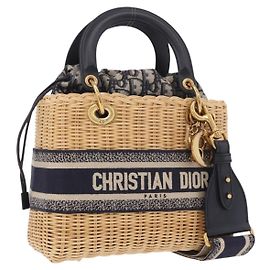 Christian Dior Oblique Jacquard Lady Dior Medium Rattan Navy Auth BA14029SAM