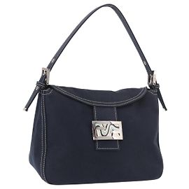 FENDI Mamma Baguette Shoulder Bag Canvas Navy Silver Auth 187625V