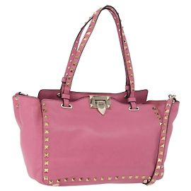 VALENTINO Studs Tote Bag Leder 2way Pink Gold Auth BA13725A