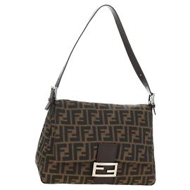 FENDI Zucca Canvas Mamma Baguette Shoulder Bag Black Brown Auth 190478V