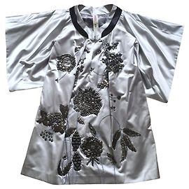 Abito Tunica Kimono in seta argentata ornato da ricami metallici Kenzo Défilé Vintage
