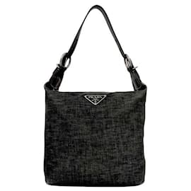 Borsa a tracolla in denim e pelle grigio e nero Prada