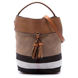 Bolso cubo Ashby en lona Mega Check marrón y piel de becerro granulada Burberry, tamaño Medium