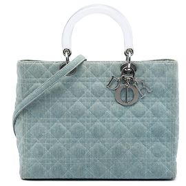 Dior Blu Grande Borsa in Denim Cannage con Manici in Acrilico Lady Dior