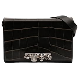 Alexander McQueen Mini Nero Croco Embossed con Teschio Gioiello a Spalla