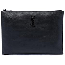 Portadocumenti Saint Laurent in pelle nera con stampa coccodrillo e monogramma