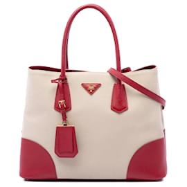 Doppia borsa in canapa con bordi in Saffiano beige grande Prada