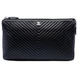 Chanel Black CC Chevron Caviar Zip Clutch