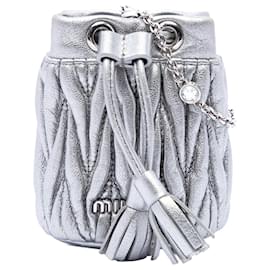 Borsa a secchiello Miu Miu Silver Mini Metallic Matelasse Nappa Crystal Chain