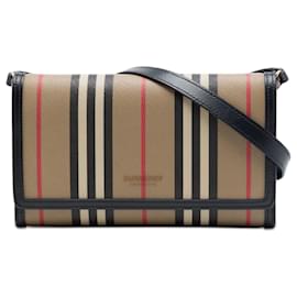 Portafoglio Hannah in tela con strisce iconiche marroni Burberry con tracolla