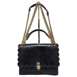 FENDI Vitello Liberty Scalloped Studded Kan I Shoulder Bag Black