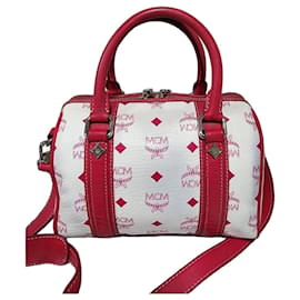MCM Visetos Coated Canvas and Leather Charm Boston Bag Pink/White