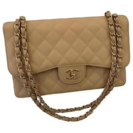 Klassische Mittelgröße Klappentasche aus Caviar-Leder beige - Chanel