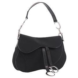 Borsa a tracolla Christian Dior Saddle in nylon nero con dettagli argento Auth 186635A