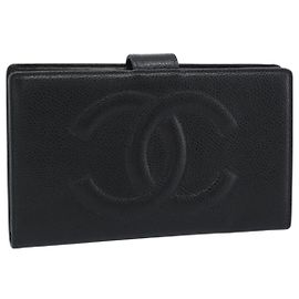 CHANEL COCO Mark Langgeldbörse Caviar Leder Schwarz Gold CC Auth 191387V