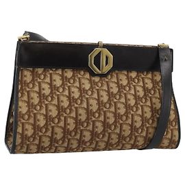 Christian Dior Trotter Canvas Shoulder Bag Beige Gold Auth 190611
