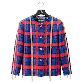 RARE CHANEL 08P RUNWAY BLUE RED GOLD CC MULTI CHAINS TWEED JACKET FR 44