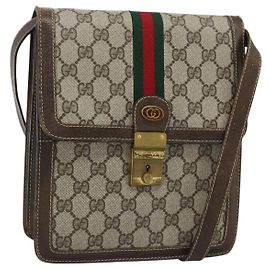 GUCCI GG Supreme Web Sherry Line Borsa a Spalla PVC Beige Oro Auth gh2212
