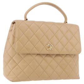 CHANEL Matelasse Hand Bag Lamb Skin Beige Gold CC Auth ka5163V