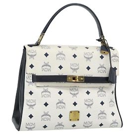 Borsa a mano MCM Vicetos Logogram in PVC e pelle bianco e oro Auth 191298