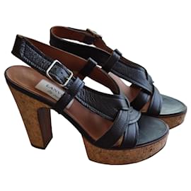 Sandali con zeppa Lanvin in pelle nera e sughero